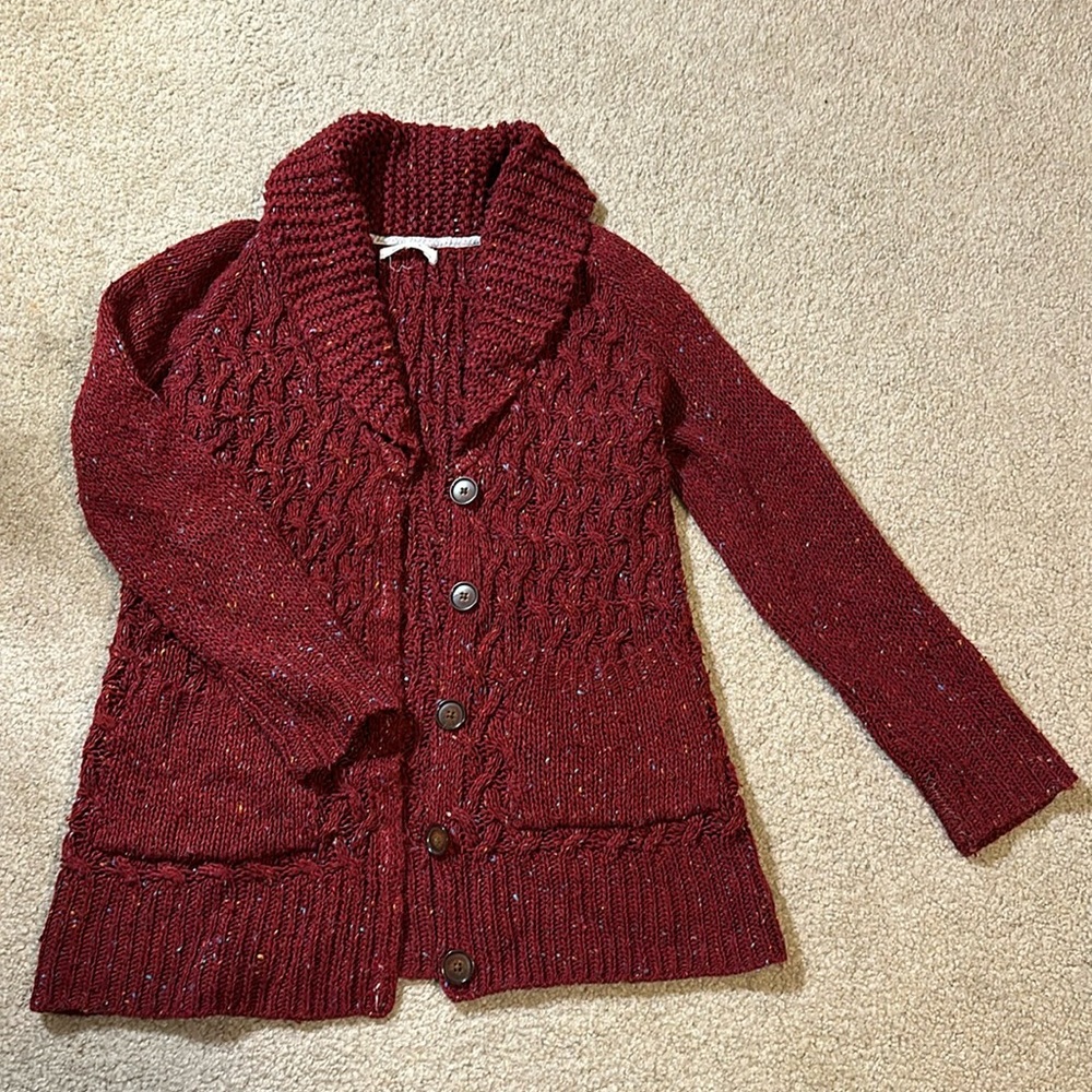 Hip height red grandpa cardigan with minor wear